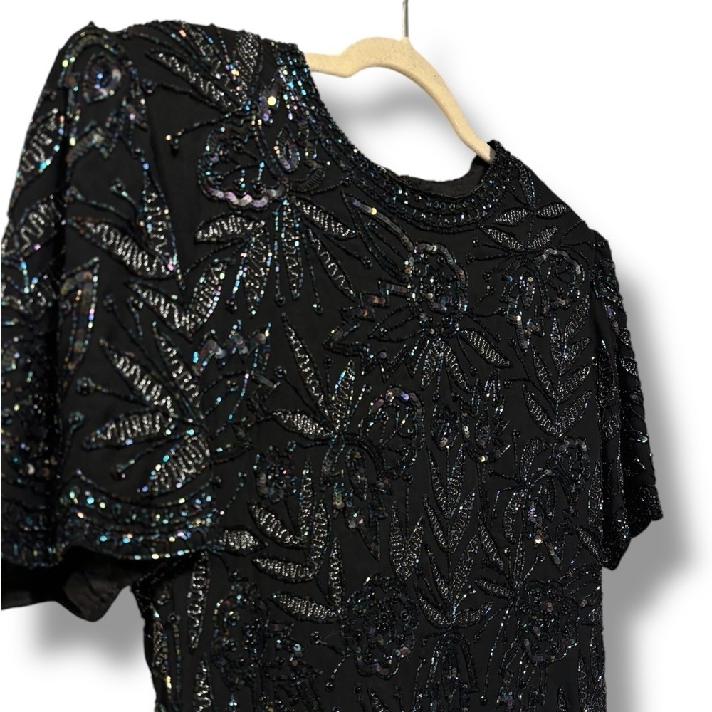 Brilliante Silk Vintage Black Beaded Embroidered Floral Elegant Dress Size Large